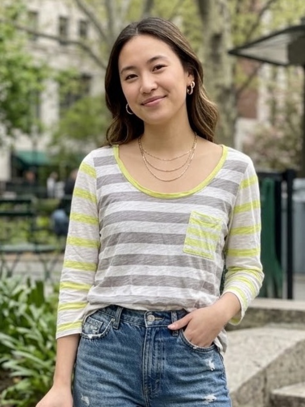 T.La Gray and Yellow Striped Scoop Pocket Top